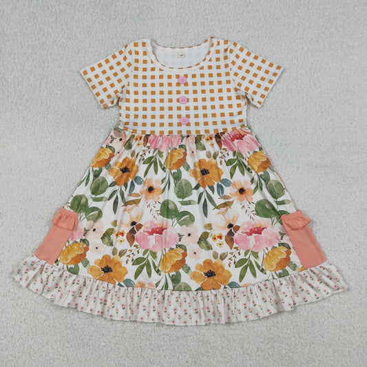 RTS NO MOQ GSD4095 Baby Girls Short Sleeve with Flowers Button Pockets Ruffle  Knee-Length Dress （6-12M-7-8T）