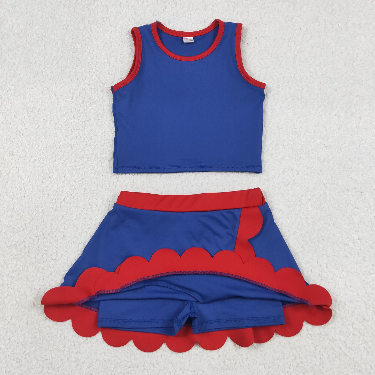 RTS NO MOQ yoga fabric cotton GSD4096 Toddler Girls Fashion Red Navy Vest Scallop Skort Yoga Outfit