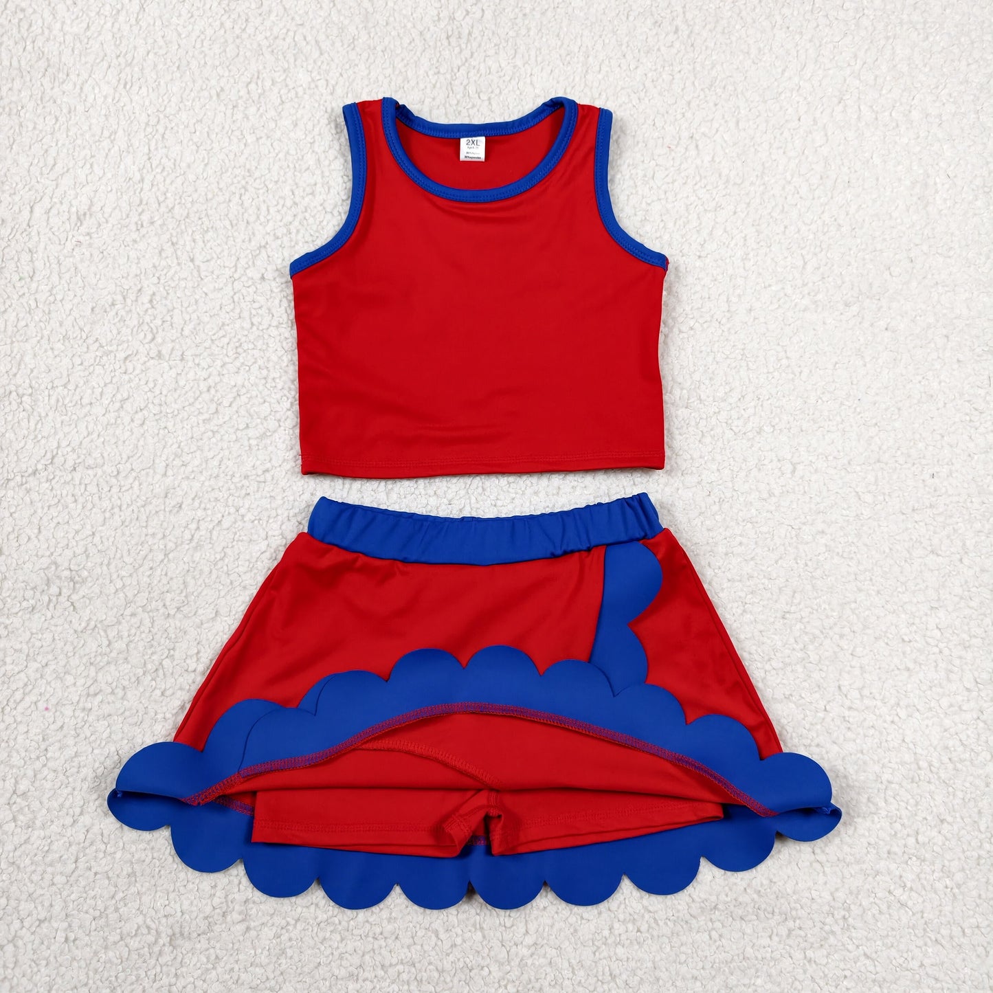 RTS NO MOQ yoga fabric cotton GSD4097 Baby Girls Red Sleeveless Top Scallop Hem Sports Wear Summer Set