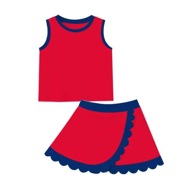 (Pre Order) No moq GSD4097 Baby Girls Red Sleeveless Top Scallop Hem Sports Wear Set