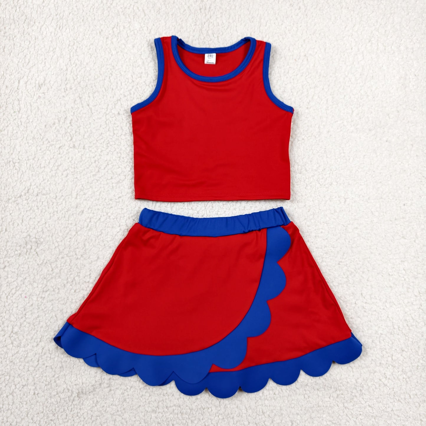 RTS NO MOQ Sibling yoga fabric cotton Baby Girls Solid Color Sleeveless Top Scallop Skirt Short Yoga Sports Outfit Set