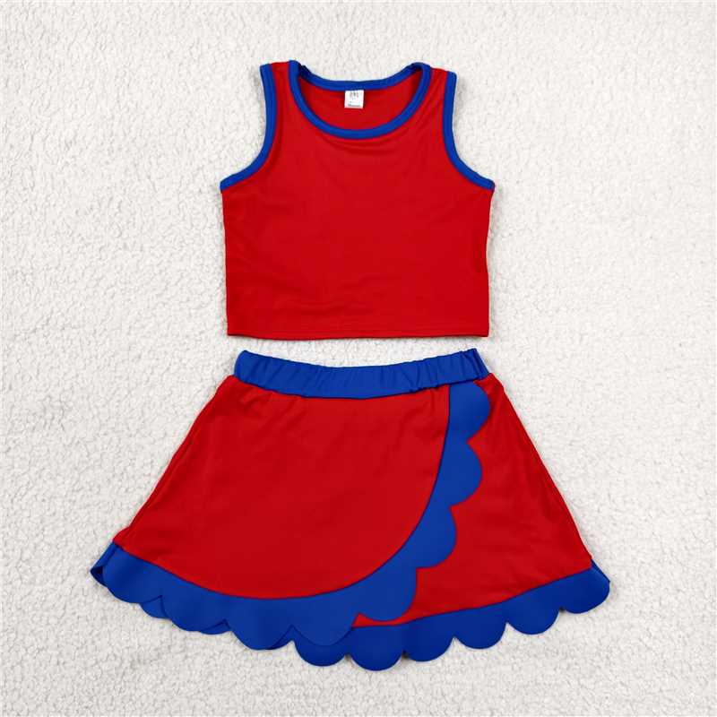 RTS NO MOQ Sibling yoga fabric Baby Girls Sleeveless Vest Scallop Skirt Short Yoga Active  Set
