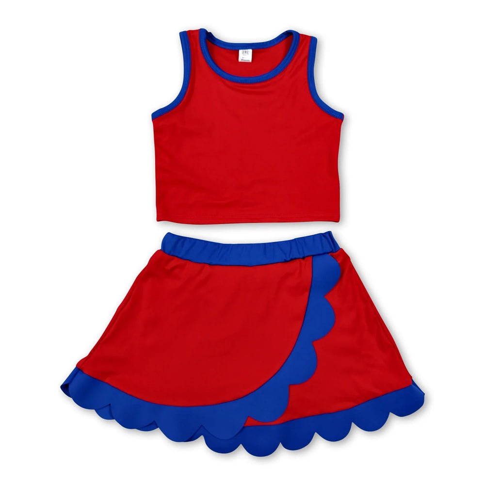 RTS NO MOQ Sibling yoga fabric cotton Baby Girls Solid Sleeveless Crop Tank And Scallop Edge Skort Summer Active Outfit