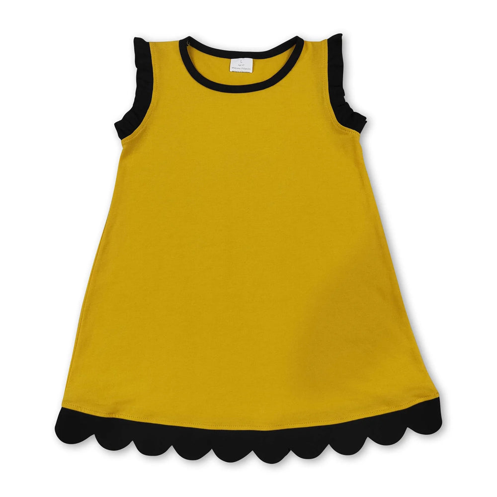 RTS NO MOQ Sibling yoga fabric cotton Baby Girls Yellow Black Contrast Trim Sleeveless Summer Outfit Skort Shorts Wrap And A Line Dress