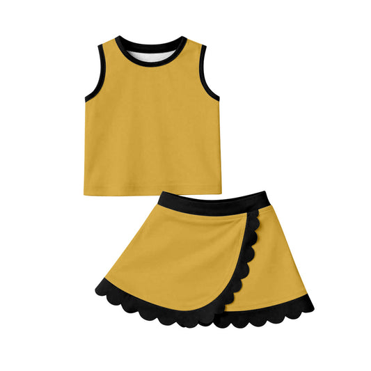 (Pre Order) No moq GSD4099 Gold Sleeveless Vest Scallop Skirt Sport Sets For Baby Girls