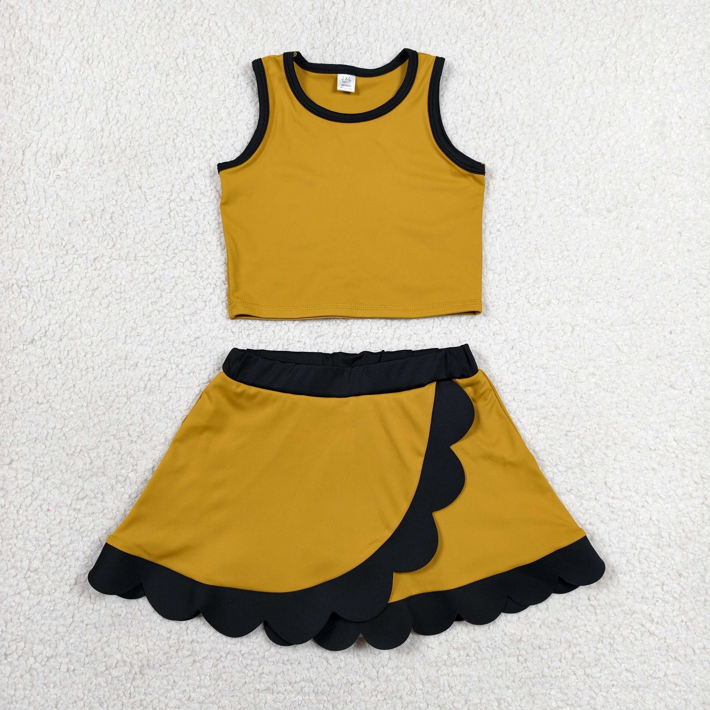 RTS NO MOQ Sibling yoga fabric cotton Baby Girls Solid Color Sleeveless Top Scallop Skirt Short Yoga Sports Outfit Set