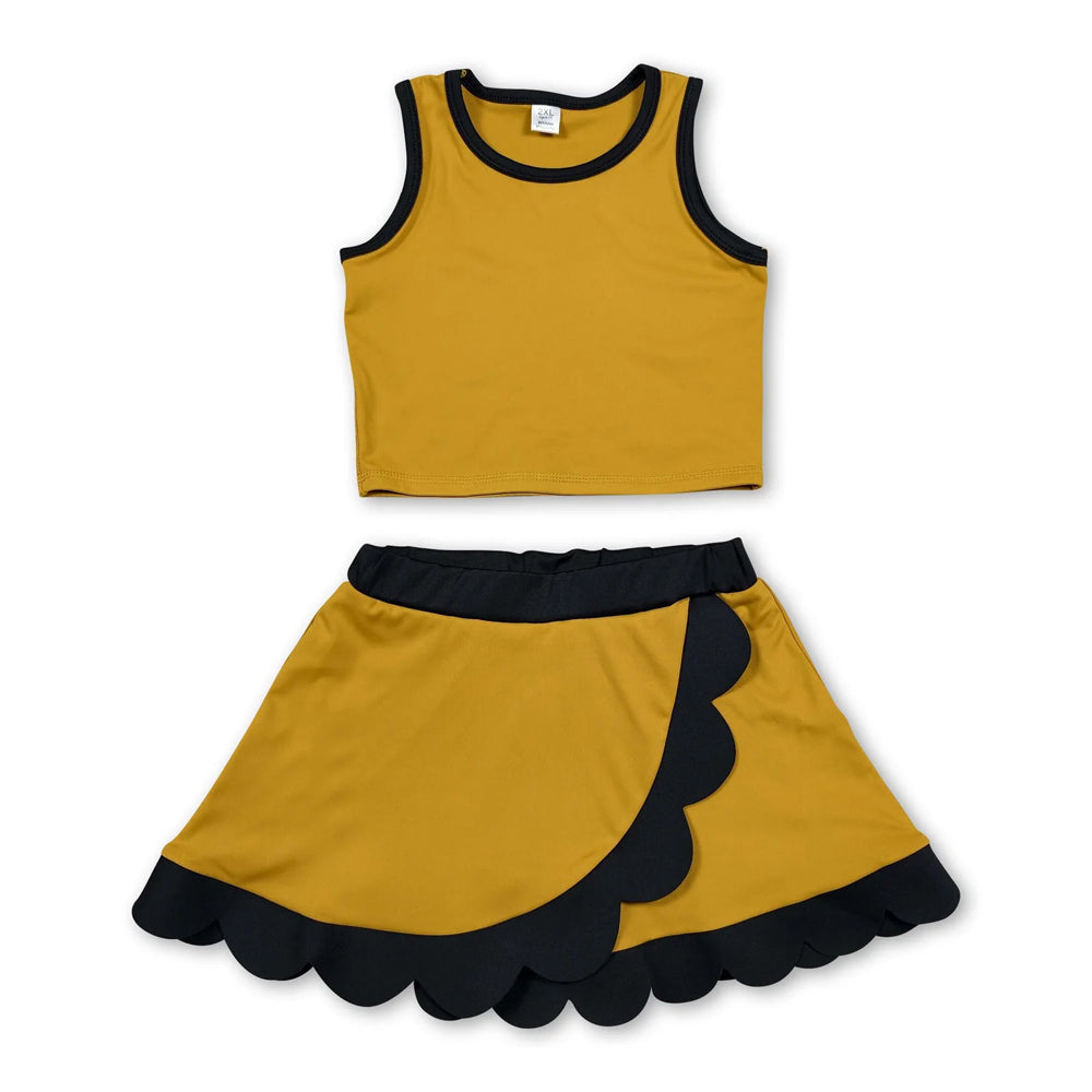 RTS NO MOQ Sibling yoga fabric cotton Baby Girls Yellow Black Contrast Trim Sleeveless Summer Outfit Skort Shorts Wrap And A Line Dress