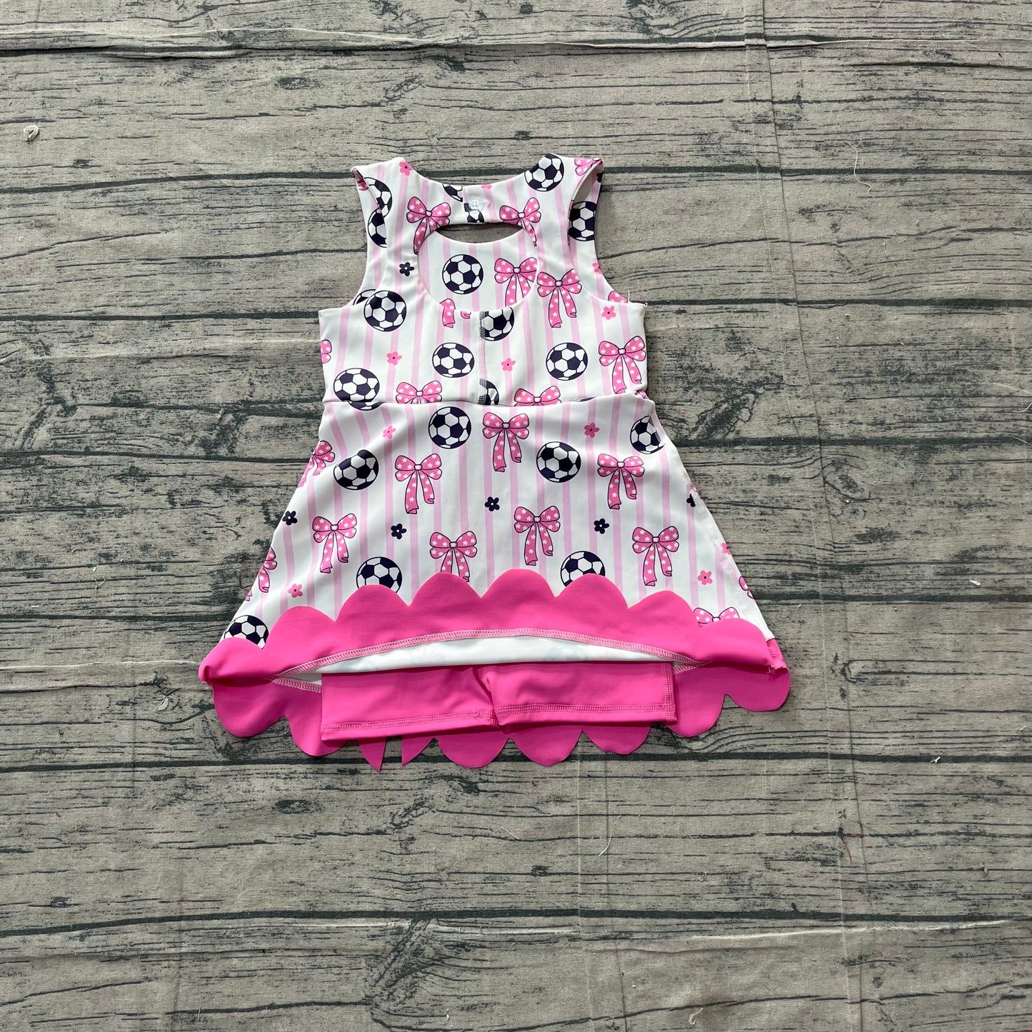 (Sample) No moq yoga fabric GSD4100 Yoga Baby Girls Cute Football Team Bows Scallop Short Sleeve Dress