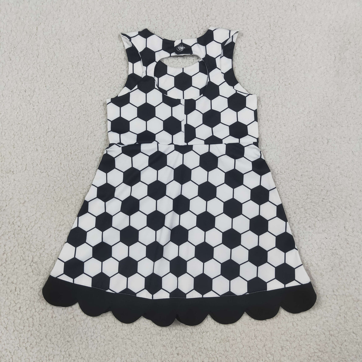 NEW RTS NO MOQ yoga fabric GSD4102 Yoga Baby Girls Cute Summer Football Team Checked Scallop Edge Knee Length Dress
