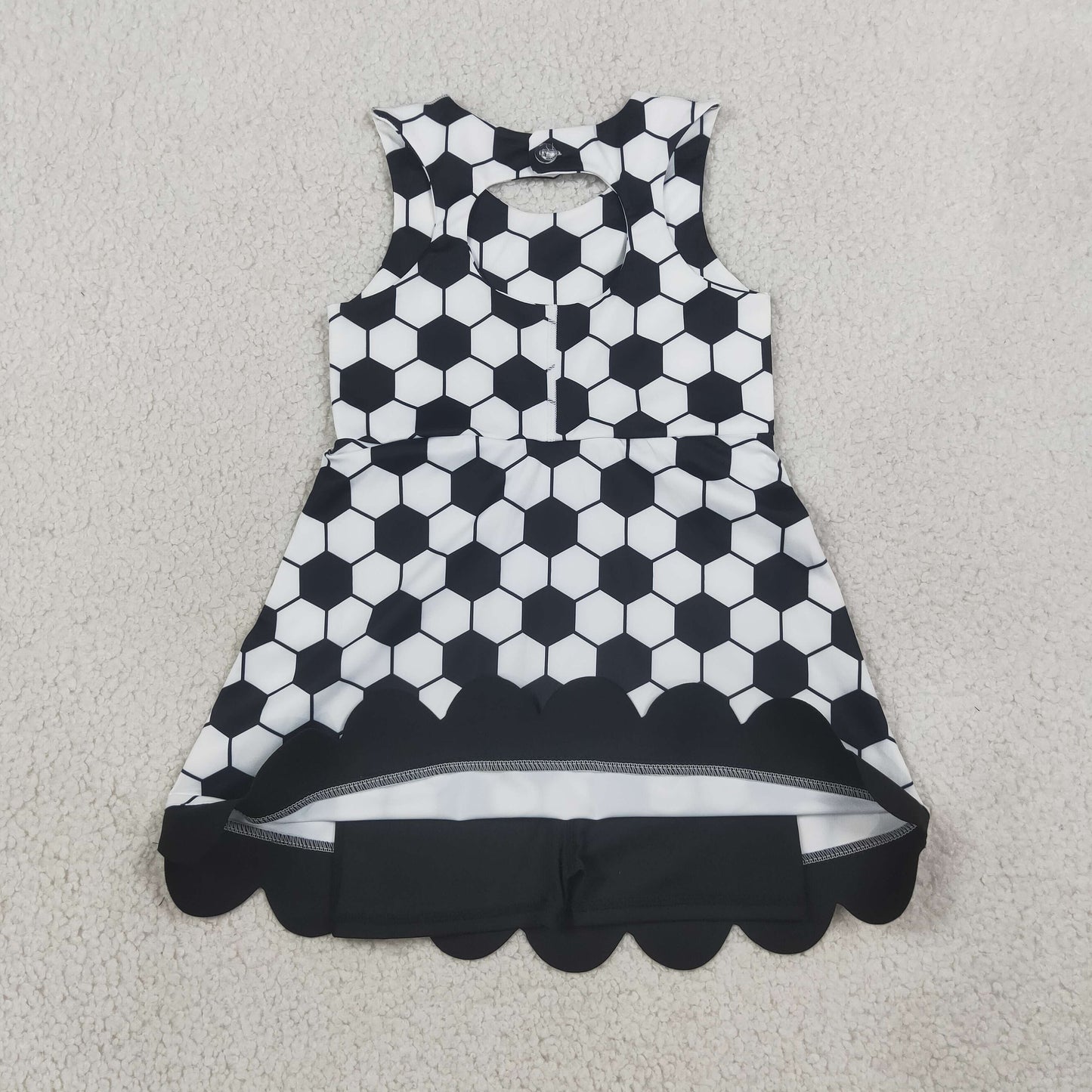 NEW RTS NO MOQ GSD4102 Yoga Baby Girls Cute Summer Football Team Checked Scallop Edge Knee Length Dress
