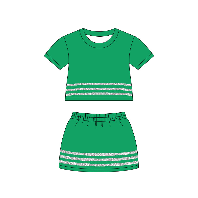 (Preorder new) No moq GSD4106 Baby Girls Green Short Sleeve Stripe Top Skirt Clothes Sets