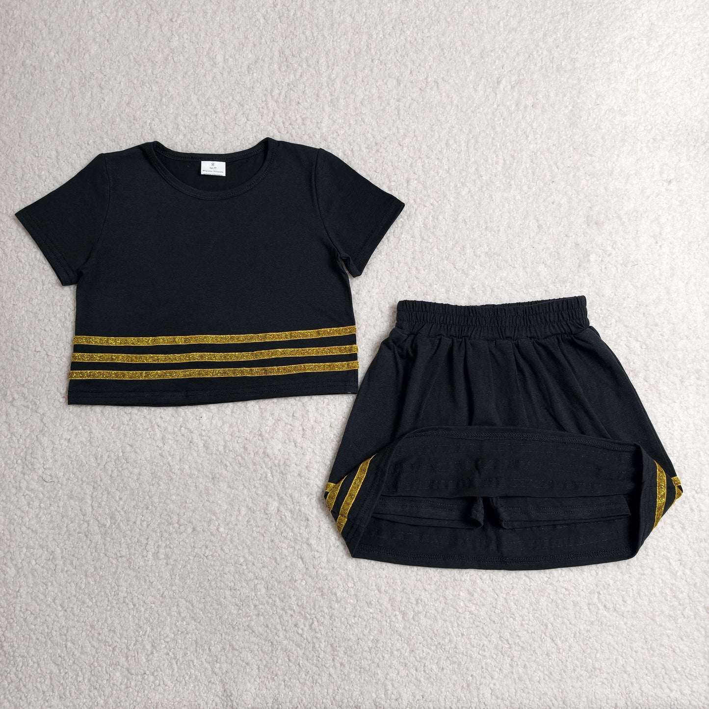 RTS NO MOQ cotton GSD4108 Baby Girls Black Striped Short Sleeve Top Skirt Clothes Set