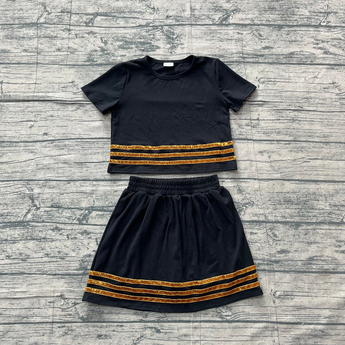 (Sample) No moq milk silk GSD4108 Kids Girls Black Striped Short Sleeve Top Skirt Daily Clothes Set