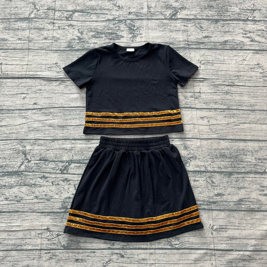 (Sample) No moq milk silk GSD4108 Kids Girls Black Striped Short Sleeve Top Skirt Daily Clothes Set