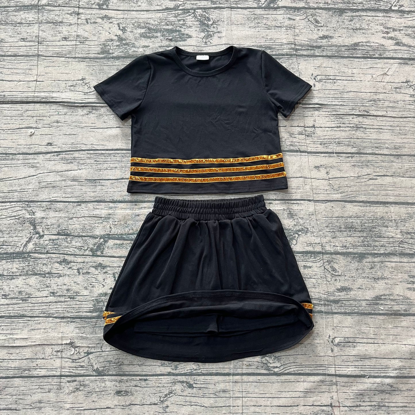 (Sample) No moq milk silk GSD4108 Kids Girls Black Striped Short Sleeve Top Skirt Daily Clothes Set