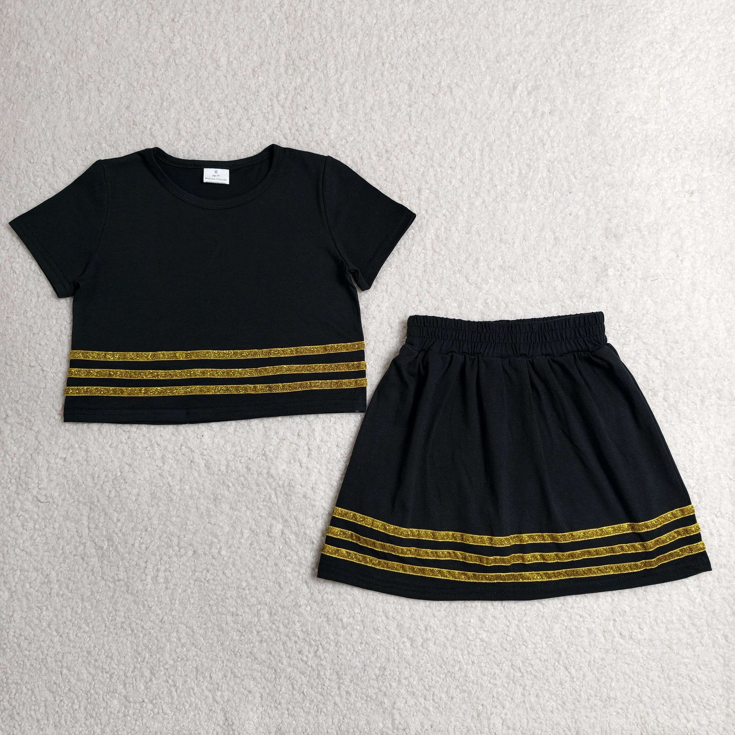 RTS NO MOQ Sibling cotton Baby Girls Solid Color Summer Black Gold Stripe Short Sleeve Top Skort Two Piece Outfits Daily Wear