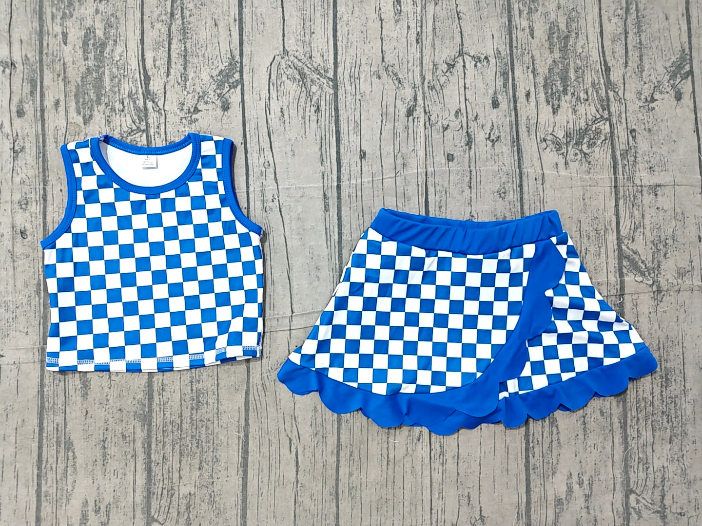 (Sample) No moq yoga GSD4110 Yoga Baby Girls Hot Blue Check Sleeveless Scallop Hem Vest Skort Yoga Active Clothes Set