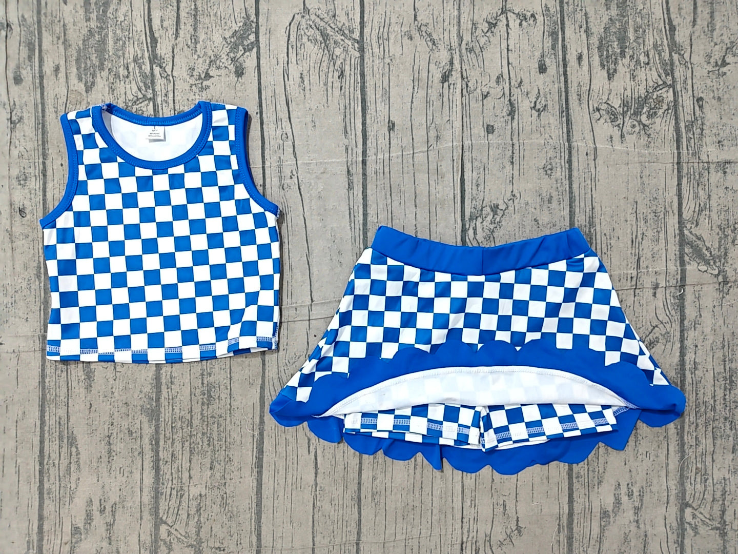 (Sample) No moq yoga GSD4110 Yoga Baby Girls Hot Blue Check Sleeveless Scallop Hem Vest Skort Yoga Active Clothes Set