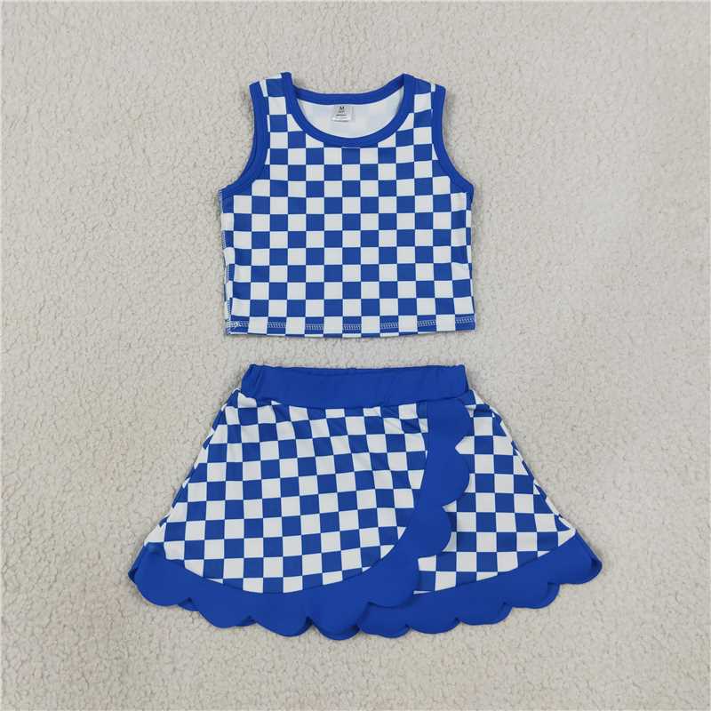 RTS NO MOQ Sibling yoga fabric Baby Girls Sleeveless Vest Scallop Skirt Short Yoga Active  Set