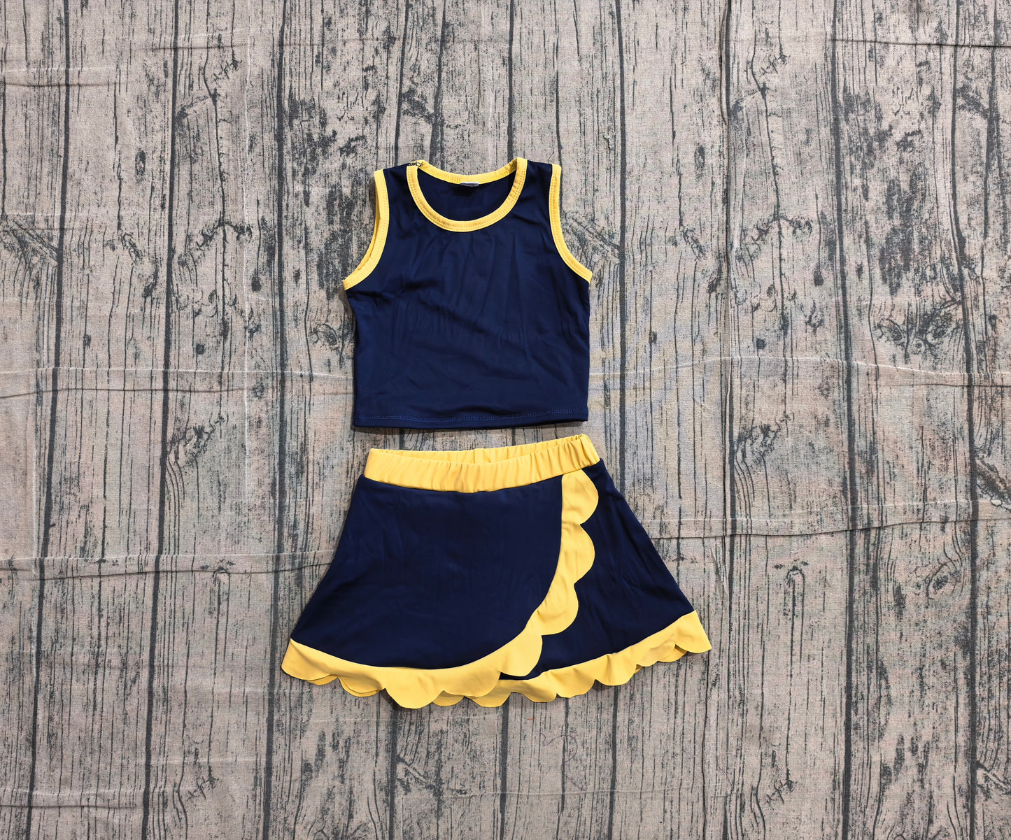 (Sample) No moq GSD4111 Yoga Baby Girls Fashion Yellow Navy Scallop Trim Vest Skort Yoga Outfit