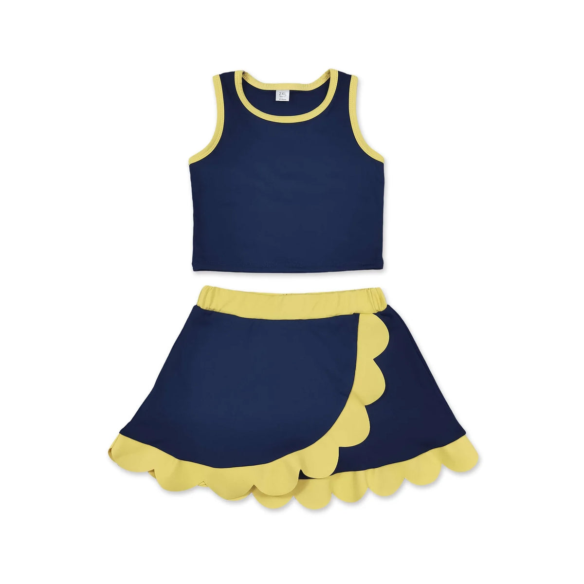 RTS NO MOQ Sibling yoga fabric cotton Baby Girls Solid Sleeveless Crop Tank And Scallop Edge Skort Summer Active Outfit
