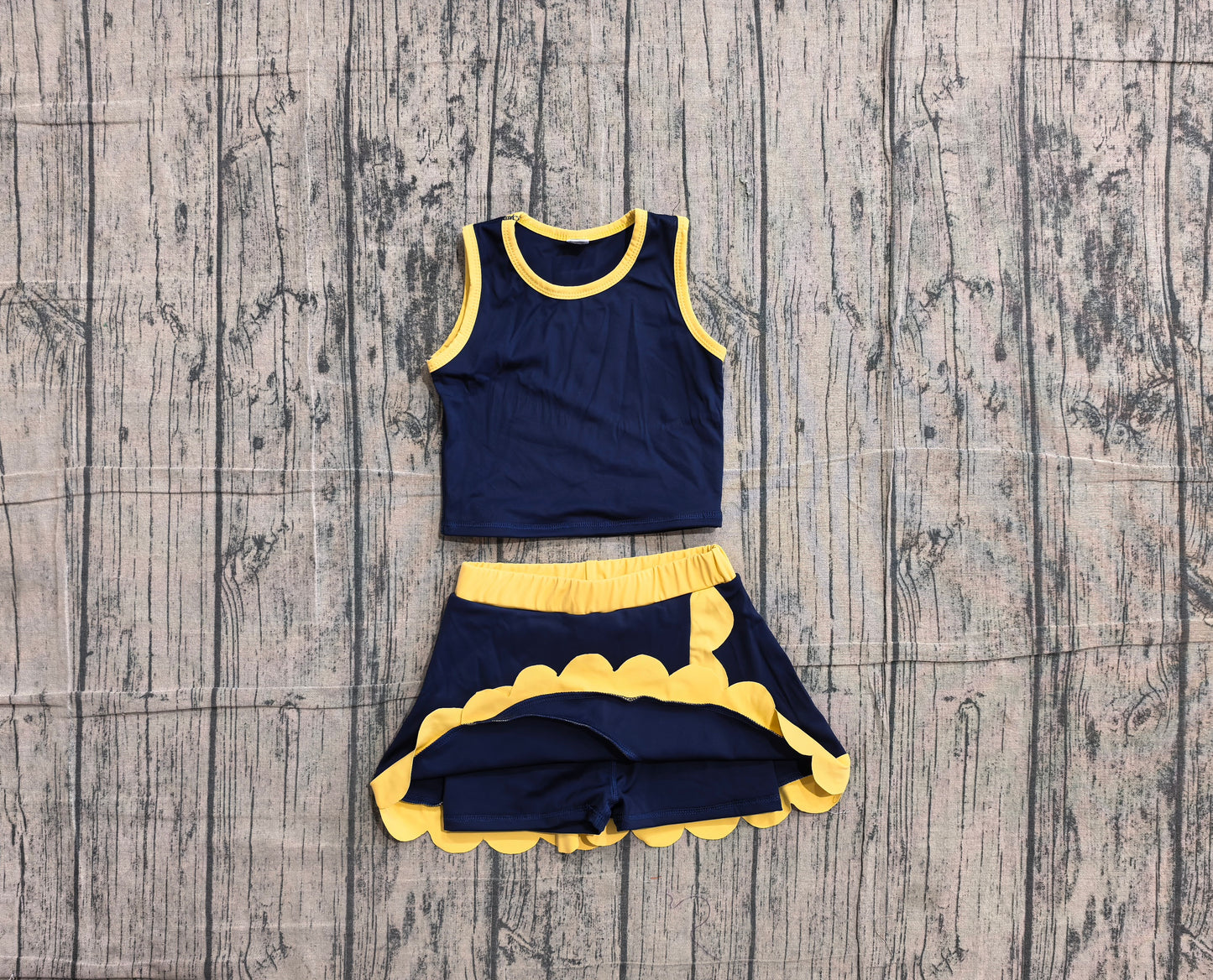 (Sample) No moq GSD4111 Yoga Baby Girls Fashion Yellow Navy Scallop Trim Vest Skort Yoga Outfit
