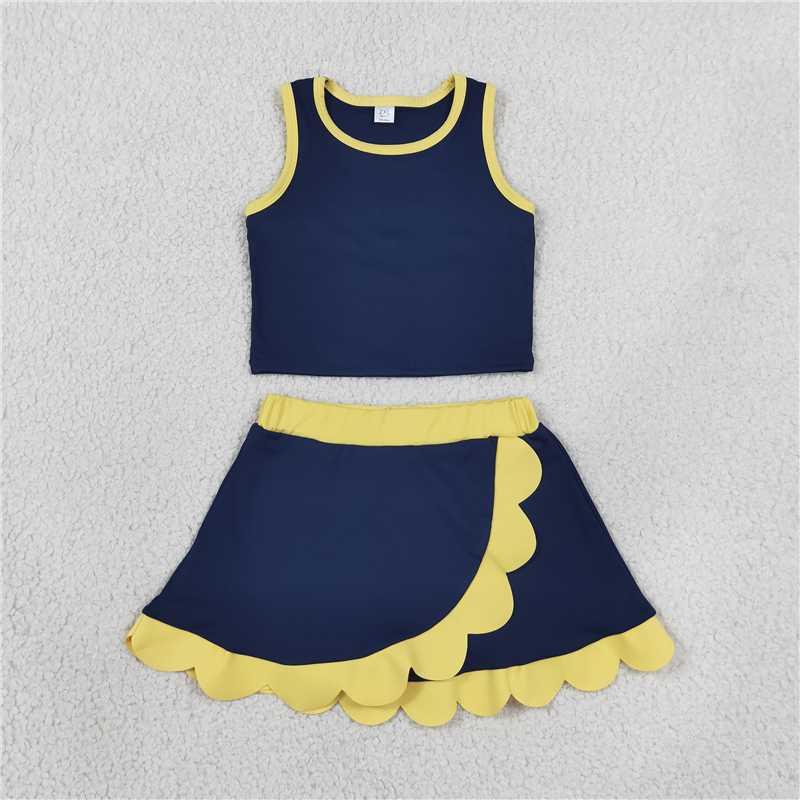 RTS NO MOQ Sibling yoga fabric Baby Girls Sleeveless Vest Scallop Skirt Short Yoga Active  Set