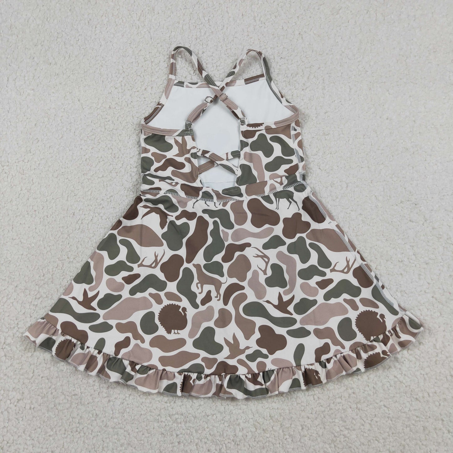 RTS NO MOQ yoga fabric GSD4117 Baby Girls Green Camo Deer Dog Duck Print Strap Ruffle Knee Length Dress