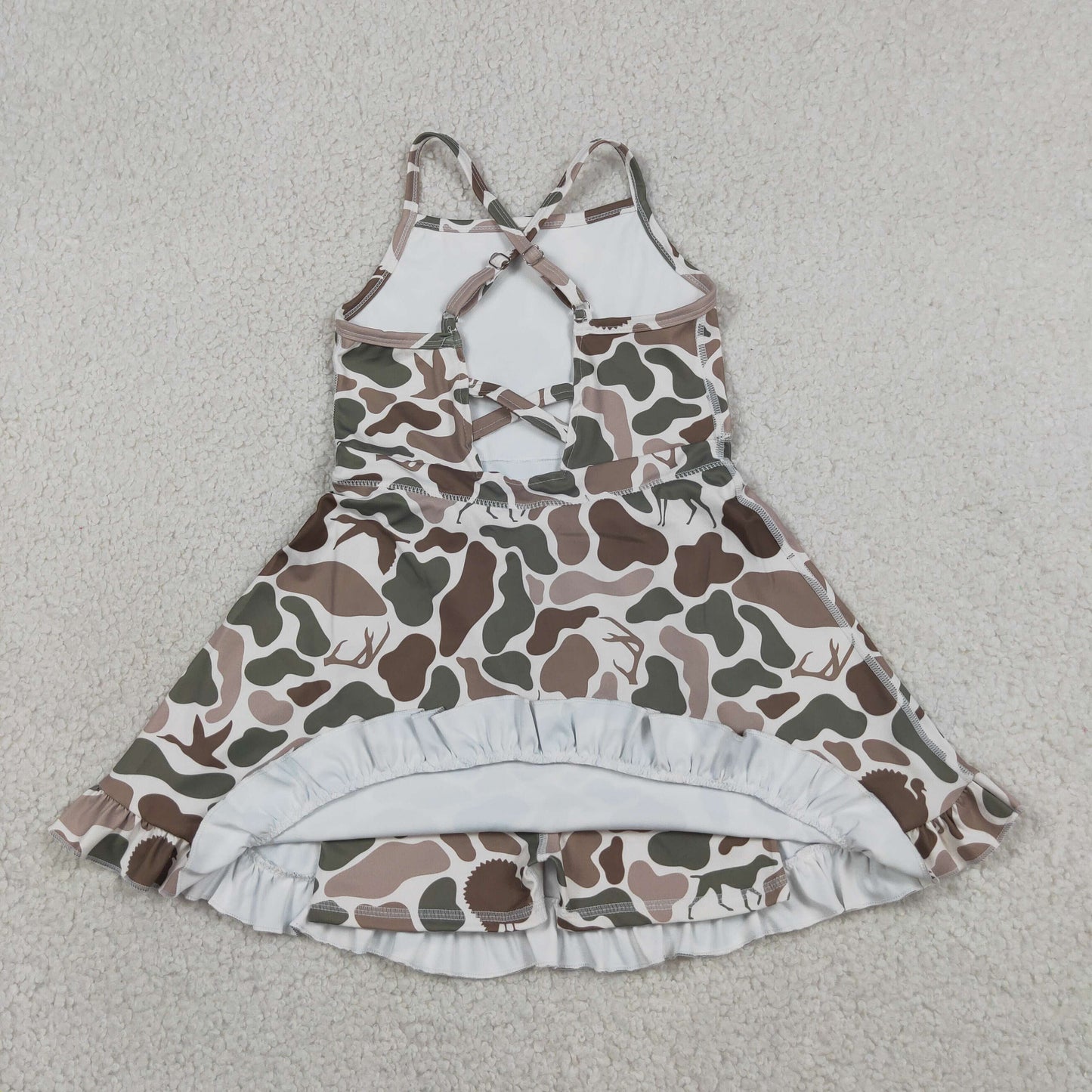 RTS NO MOQ yoga fabric GSD4117 Baby Girls Green Camo Deer Dog Duck Print Strap Ruffle Knee Length Dress
