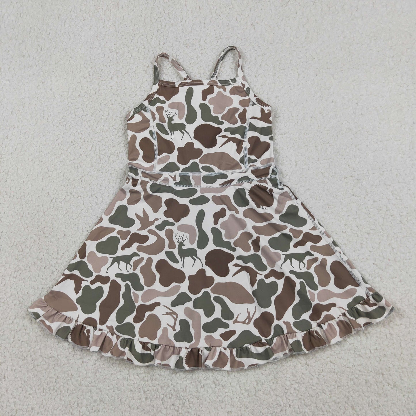 RTS NO MOQ yoga fabric GSD4117 Baby Girls Green Camo Deer Dog Duck Print Strap Ruffle Knee Length Dress