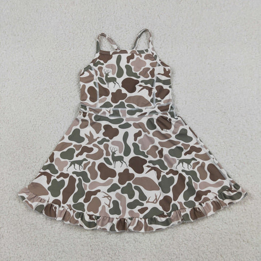RTS NO MOQ yoga fabric GSD4117 Baby Girls Green Camo Deer Dog Duck Print Strap Ruffle Knee Length Dress