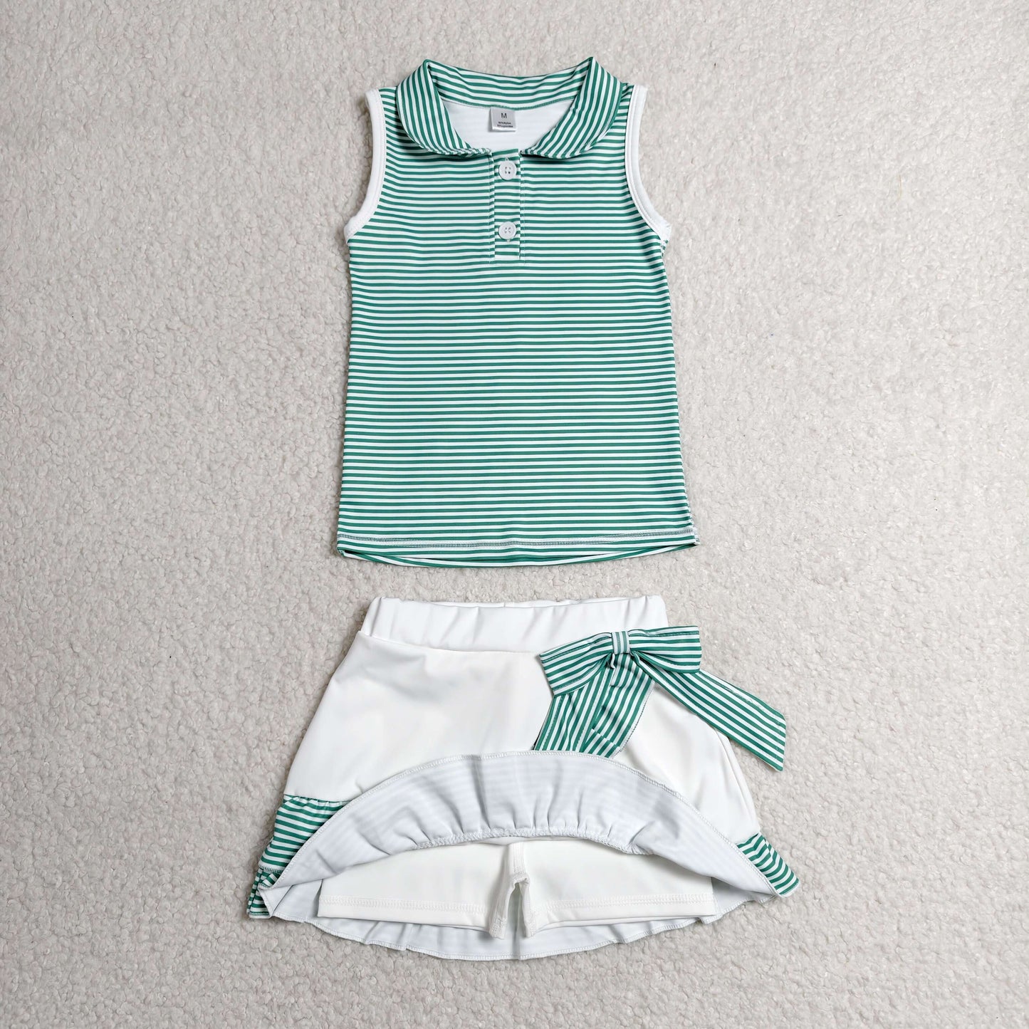 RTS NO MOQ  yoga fabric GSD4121 Baby Girls Green Stripe Button Vest Top Ruffle Skirt Short Yoga Set