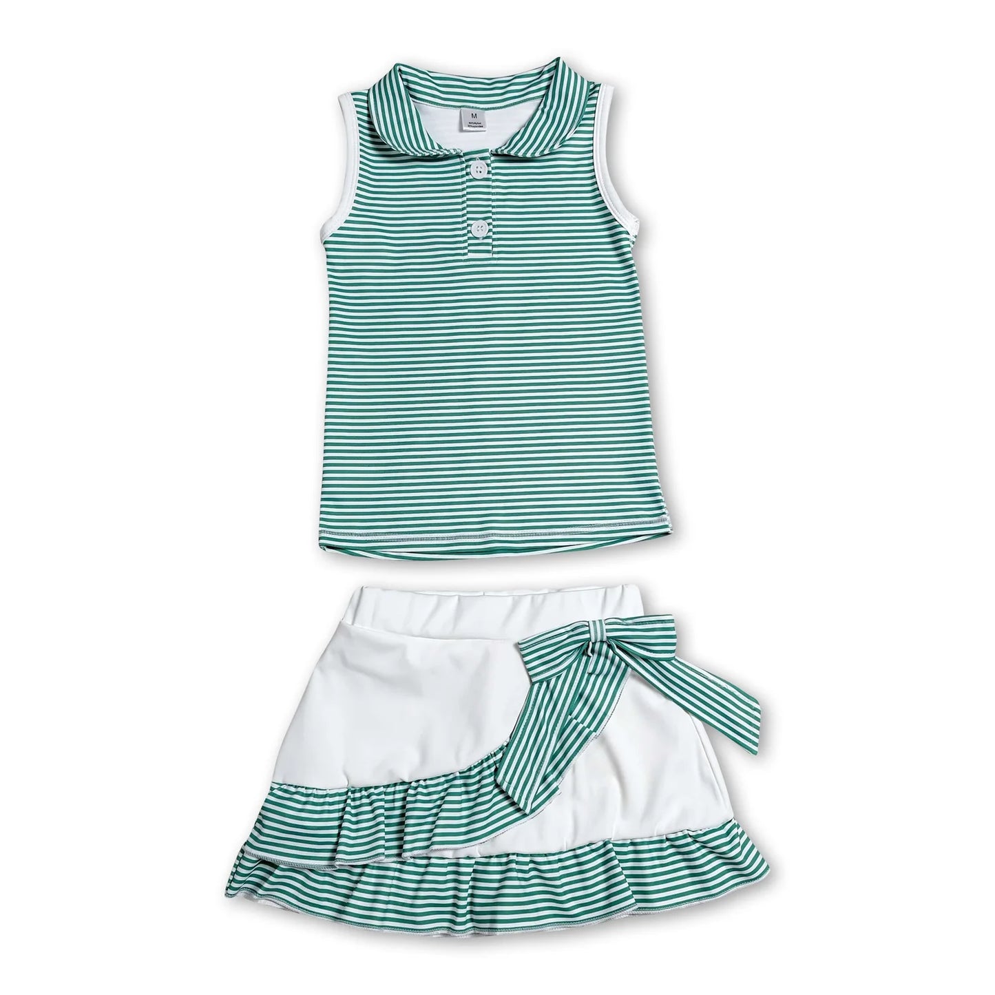 RTS NO MOQ Sibling yoga fabric Baby Girls Cute Stripe Button Vest Ruffle Short Skirt Yoga Active Set