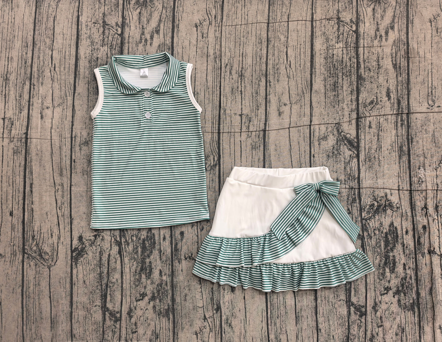 (Sample) No moq yoga fabric GSD4121 Yoga Baby Girls Green Stripe Button Vest Top Ruffle Skirt Short Yoga Set