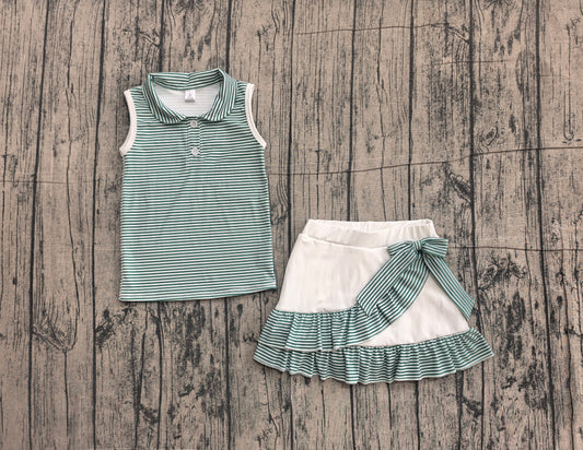 (Sample) No moq yoga fabric GSD4121 Yoga Baby Girls Green Stripe Button Vest Top Ruffle Skirt Short Yoga Set