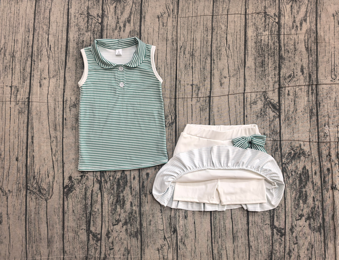 (Sample) No moq yoga fabric GSD4121 Yoga Baby Girls Green Stripe Button Vest Top Ruffle Skirt Short Yoga Set