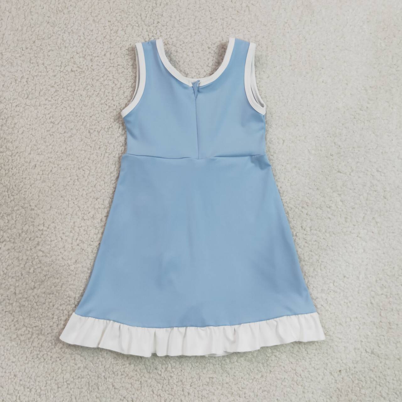 RTS NO MOQ yoga fabric cotton GSD4124 Baby Girls Light Blue Sleeveless Scallop Knee Length Dress