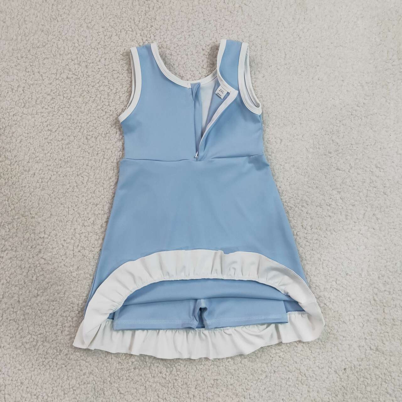 RTS NO MOQ yoga fabric cotton GSD4124 Baby Girls Light Blue Sleeveless Scallop Knee Length Dress