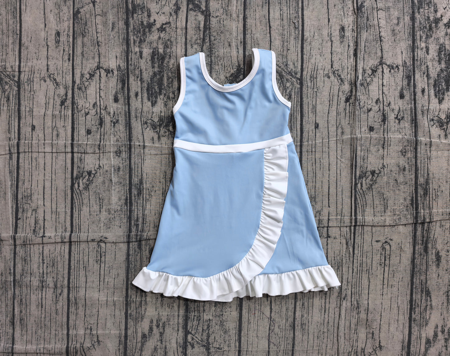 (Sample) No moq GSD4124 Yoga Light Blue Sleeveless Scallop Knee Length Dress