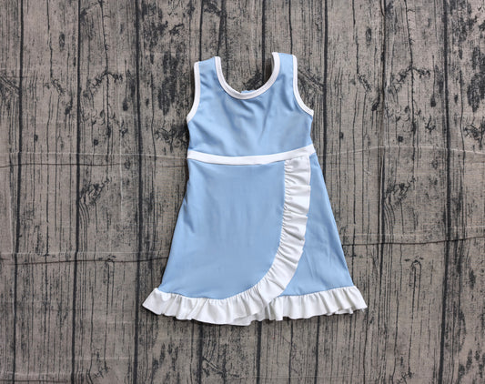 (Sample) No moq GSD4124 Yoga Light Blue Sleeveless Scallop Knee Length Dress