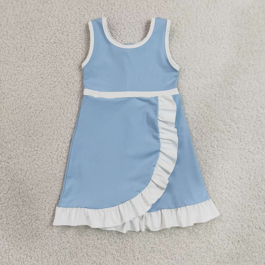 RTS NO MOQ yoga fabric cotton GSD4124 Baby Girls Light Blue Sleeveless Scallop Knee Length Dress