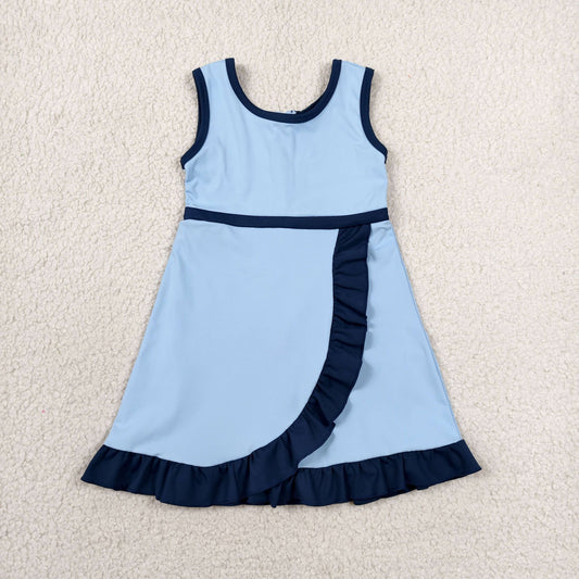 RTS NO MOQ yoga fabric cotton GSD4126 Baby Girls Sleeveless Blue Yoga Active Short Knee Length Dress