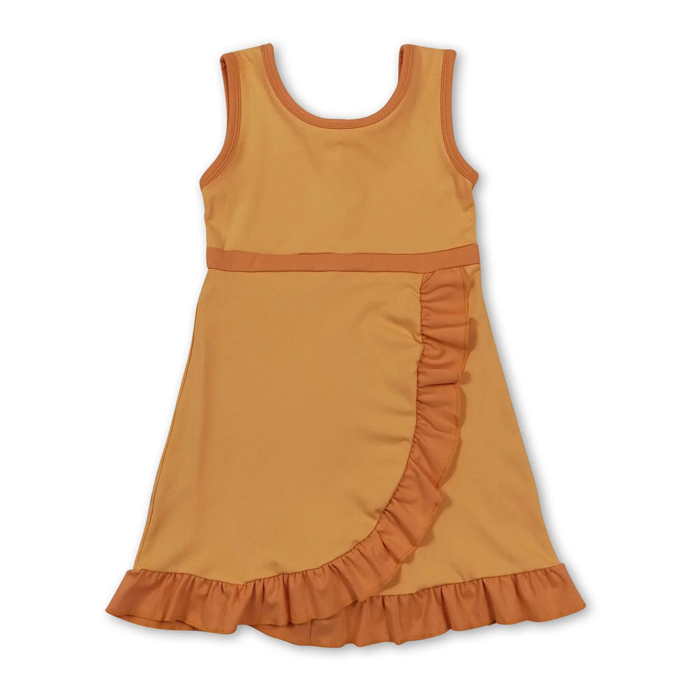 RTS NO MOQ Sibling cotton Baby Girls Orange White Sleeveless Vest Scallop Skirt Yoga Active Set Short Knee Length Dress