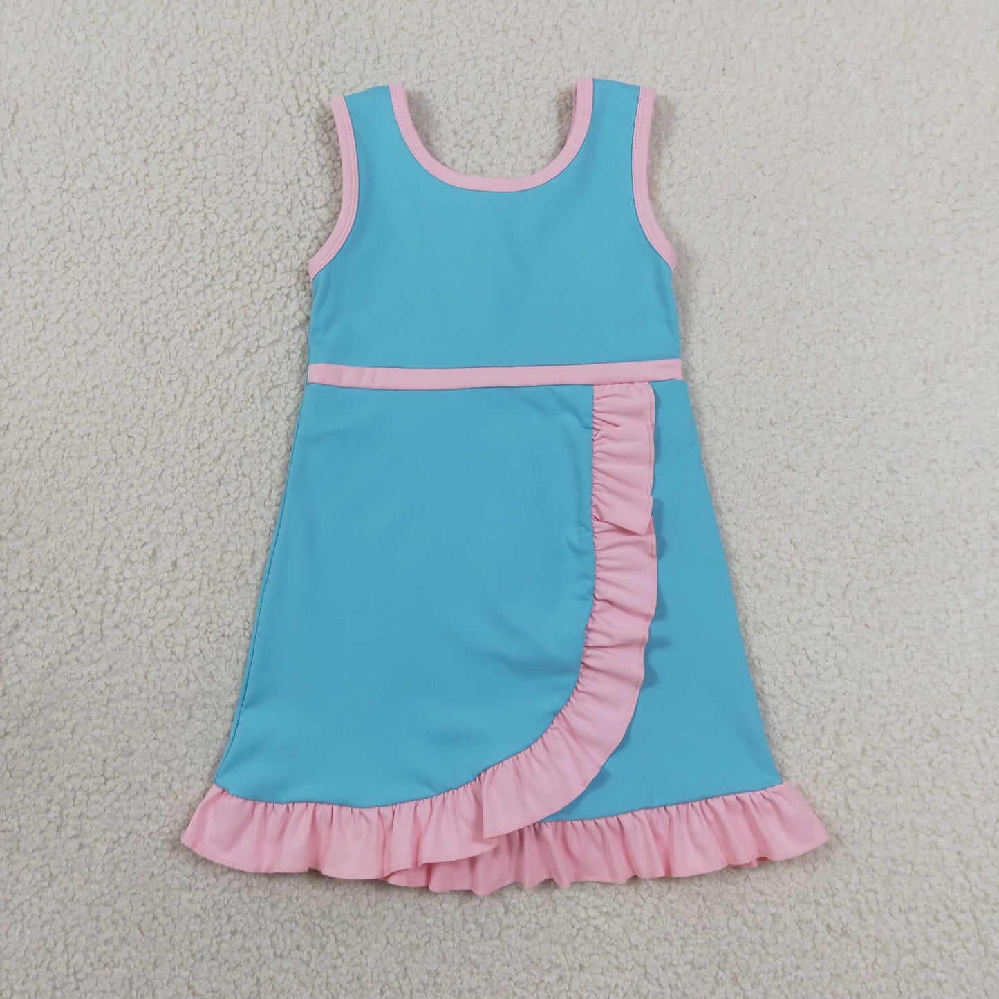 RTS NO MOQ yoga fabric cotton GSD4130 Baby Girls Sleeveless Lake Blue Summer Yoga Active Short Knee Length Dress