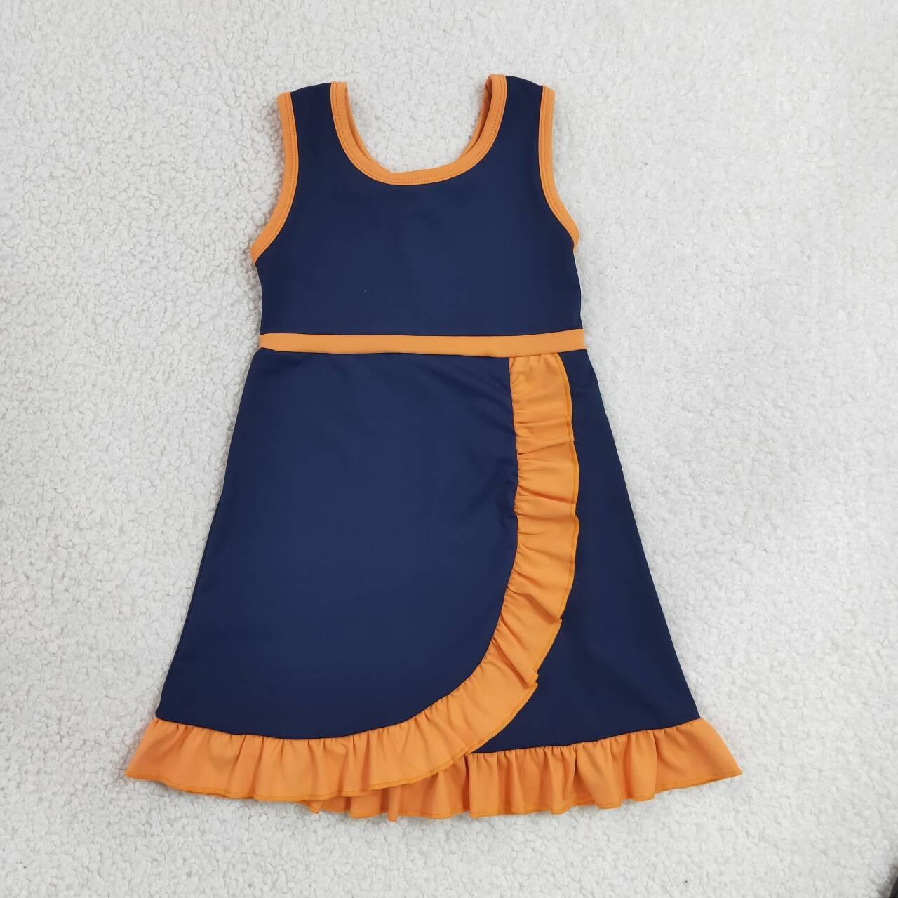 RTS NO MOQ Sibling yoga fabric cotton Baby Girls Cute Sleeveless Scallop Edge Knee Length Active Dress