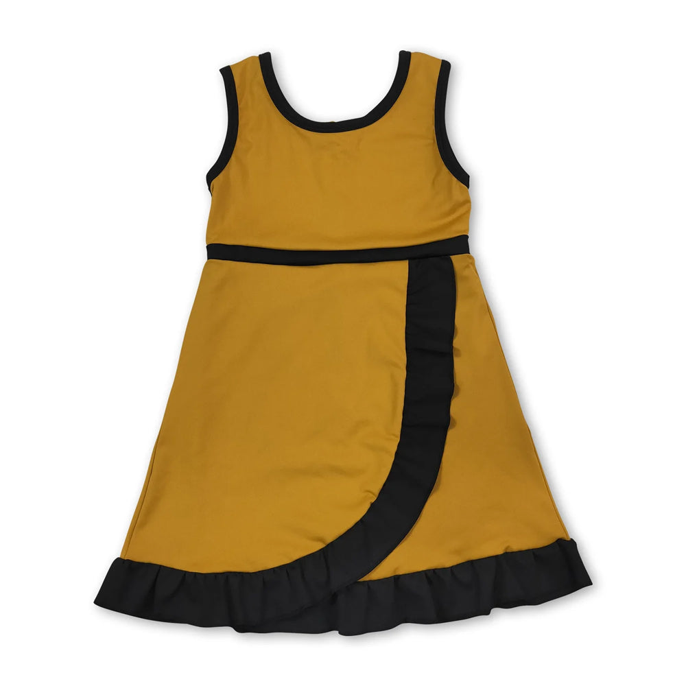 RTS NO MOQ Sibling yoga fabric cotton Baby Girls Yellow Black Contrast Trim Sleeveless Summer Outfit Skort Shorts Wrap And A Line Dress