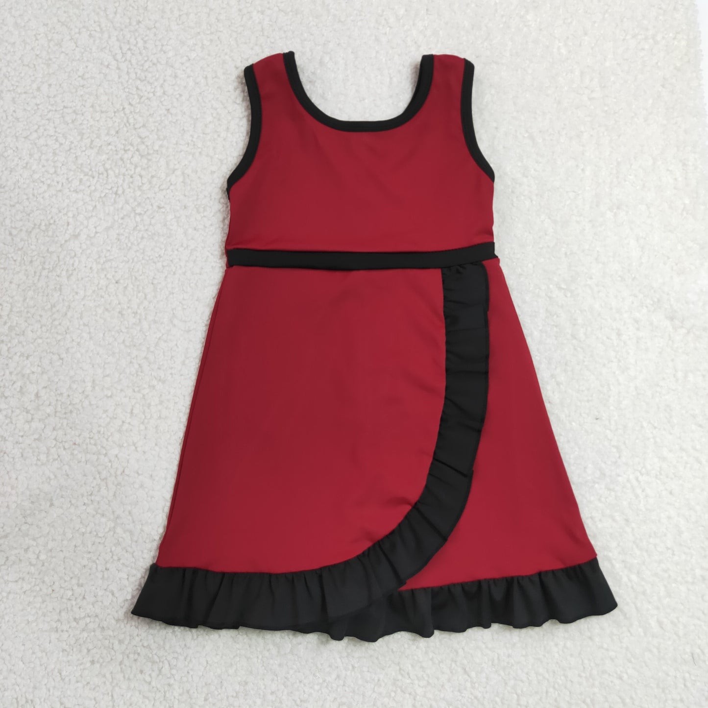 RTS NO MOQ yoga fabric cotton GSD4135 Baby Girls Dark Red Sleeveless Scallop Trim Yoga Dress