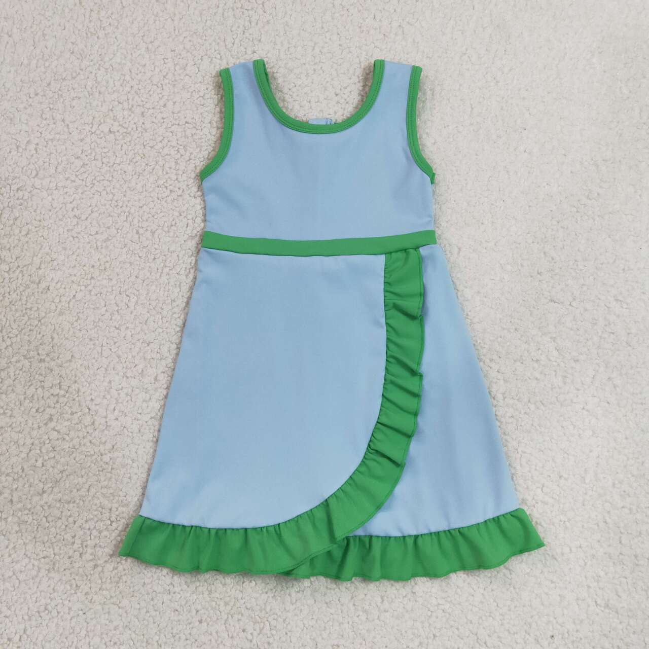 RTS NO MOQ yoga fabric cotton GSD4136 Baby Girls Green Blue Sleeveless Scallop Trim Yoga Dress