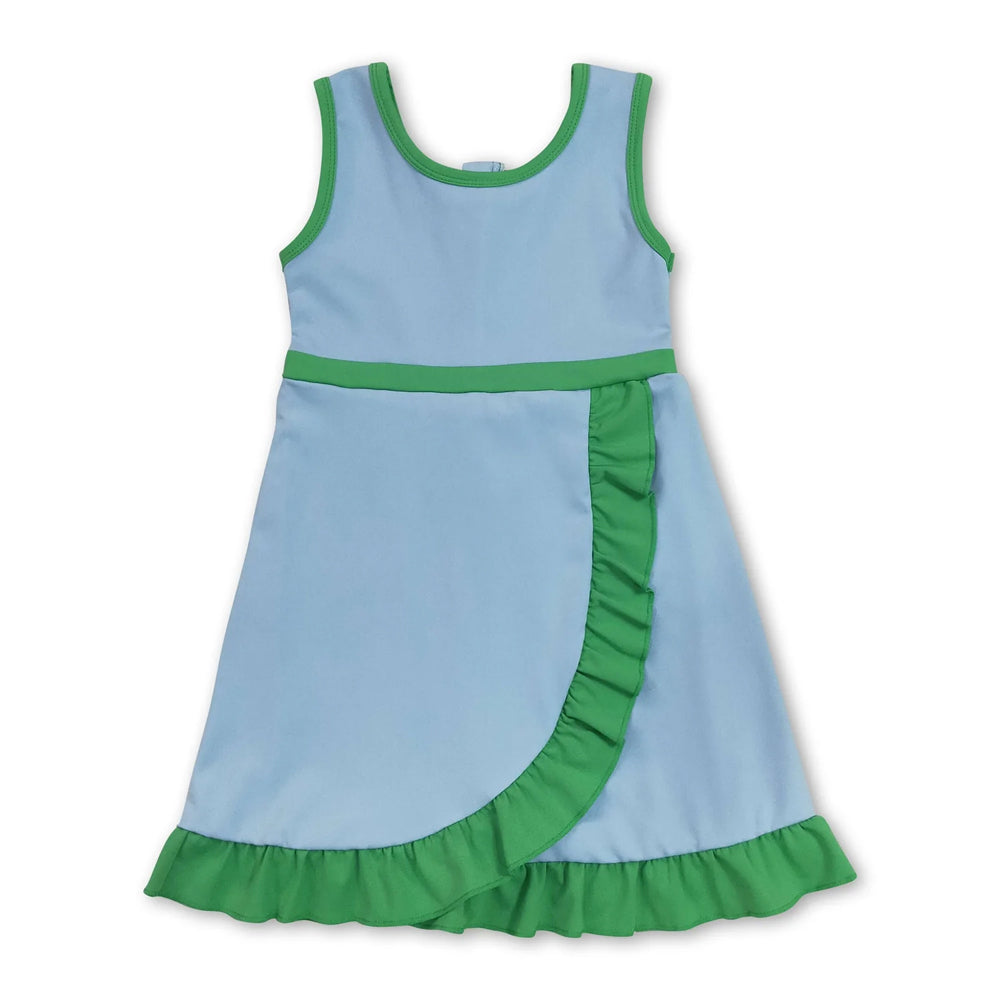 RTS NO MOQ Sibling cotton Baby Girls Green Blue Sleeveless Vest Scallop Skirt Yoga Active Set Short Knee Length Dress