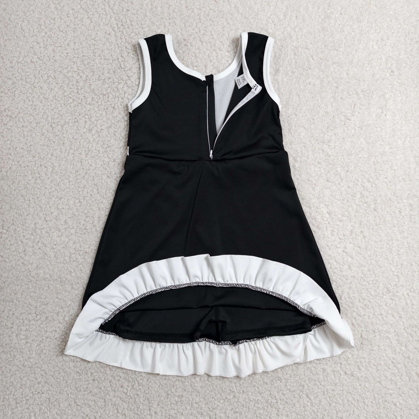 RTS NO MOQ yoga fabric cotton GSD4140 Baby Girls Solid Black Sleeveless Yoga Active Scallop Knee Length Dress